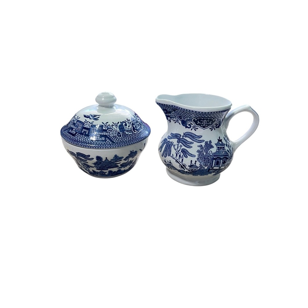 Churchill Blue Willow Creamer Sugar Bowl Set Vintage Blue White Made in England